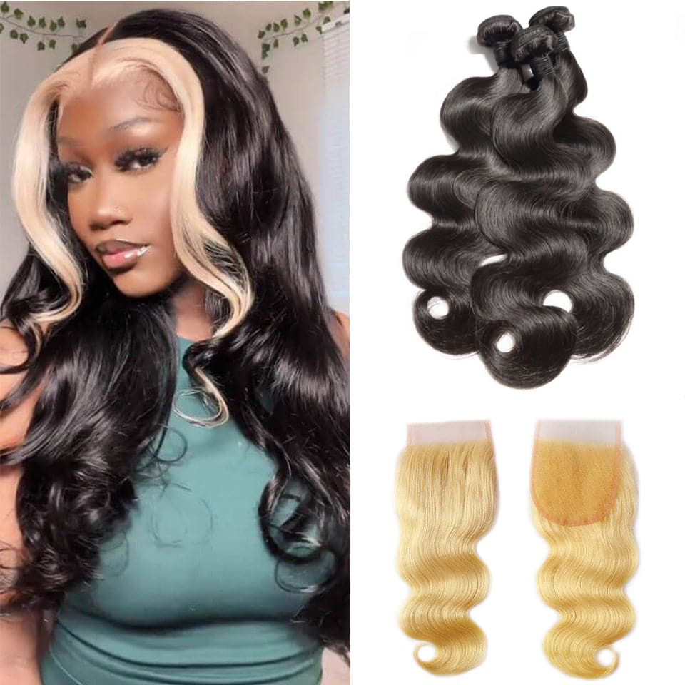 Natural Black Body Wave Hair 4 Bundles with 613 Honey Blond 4x4 HD Lace Closure Hair Extensation