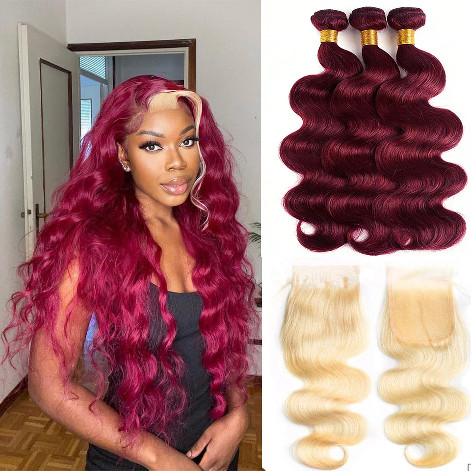  99J Burgundy Body Wave 3 Bundles with with 613 Honey Blond 4x4 HD Lace Closure Hair Extensation