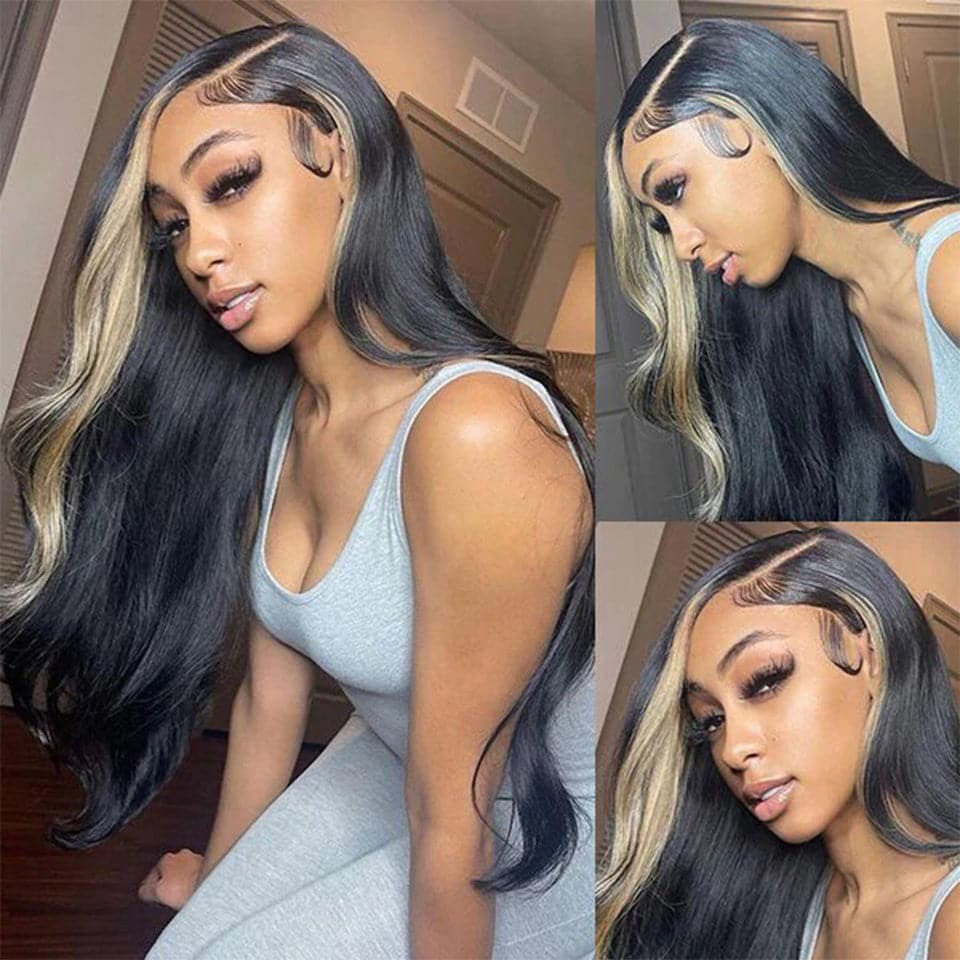Natural Black Body Wave Hair 4 Bundles with 613 Honey Blond 4x4 HD Lace Closure Hair Extensation