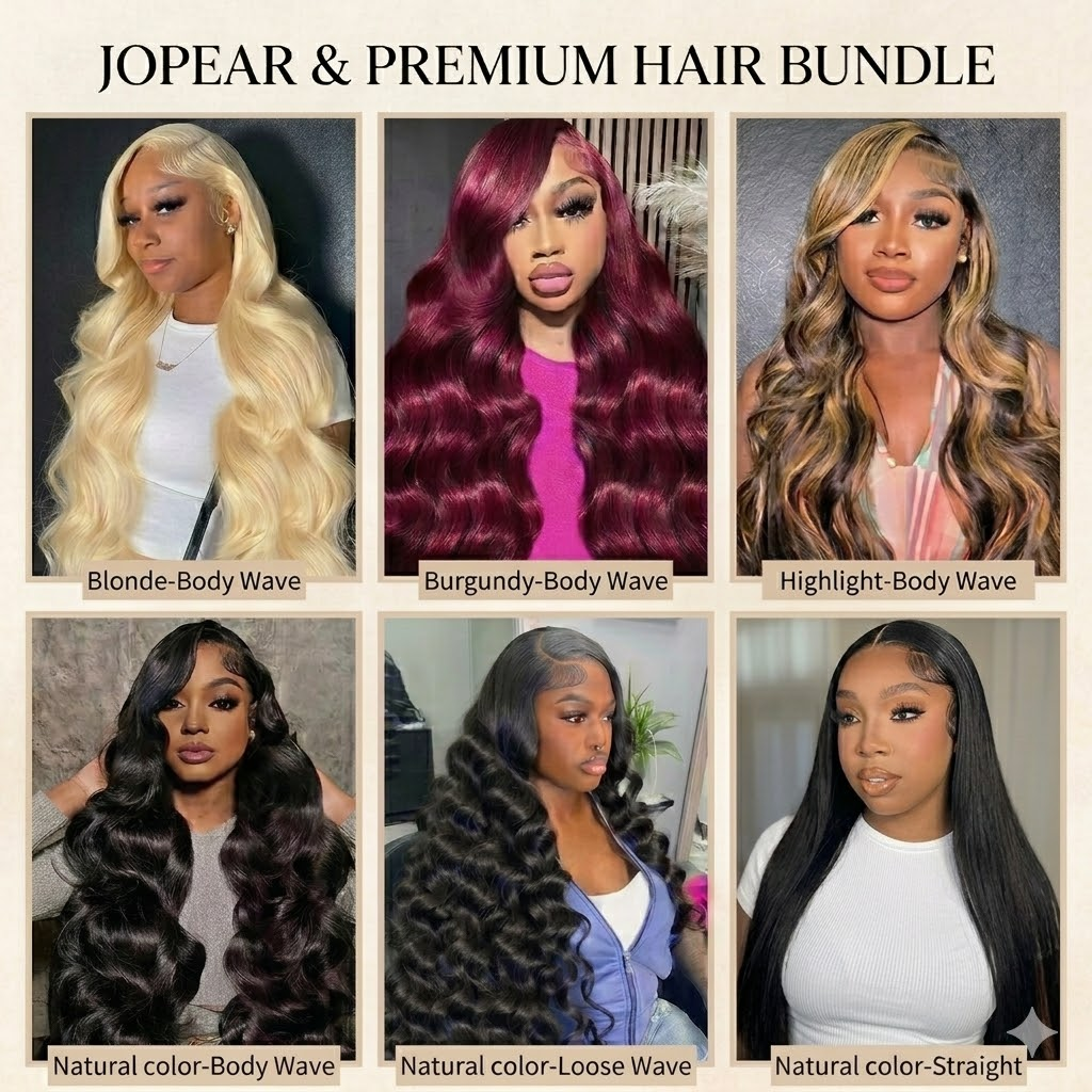 Jopear 10A | Premium 100% Human Hair 10A Grade Bundles – Available in Straight, Body Wave, Loose Wave, Radiant 613 Blonde, Vibrant 99J Burgundy, Fashionable 4/27 Highlight