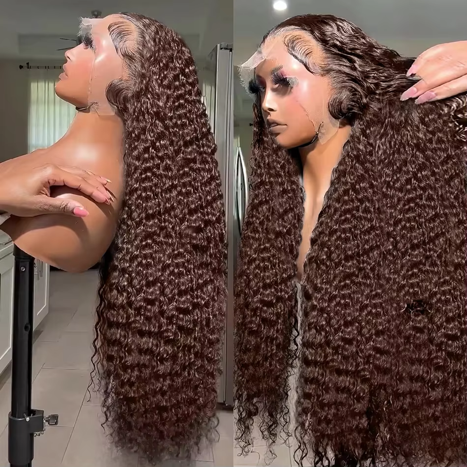 Hocolate Brown Curly Wigs 13X4 HD Human Hair Lace Frontal Wig 24-38 Inch Deep Wave Wig Human Hair Pre Plucked