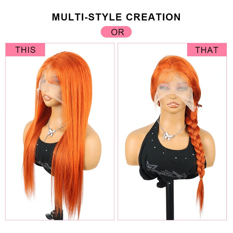 Straight Orange Ginger Lace Front Wigs Human Hair 350 Colored Brazilian 24-36 Inch 13X4 HD Lace Frontal Wigs Pre Plucked