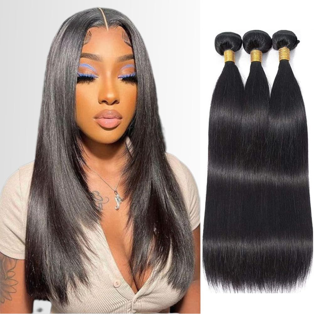 14A Rovess Straight Human Hair Bundles 100% Unprocessed  Virgin Hair 16-30 Inch Straight Bundles Human Hair Double Weft 3/4 Bundles Straight Weave Natural Black