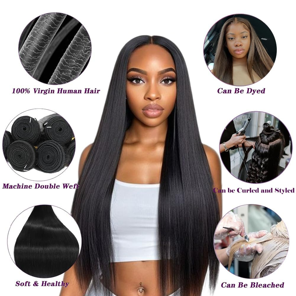 14A Rovess Straight Human Hair Bundles 100% Unprocessed  Virgin Hair 16-30 Inch Straight Bundles Human Hair Double Weft 3/4 Bundles Straight Weave Natural Black