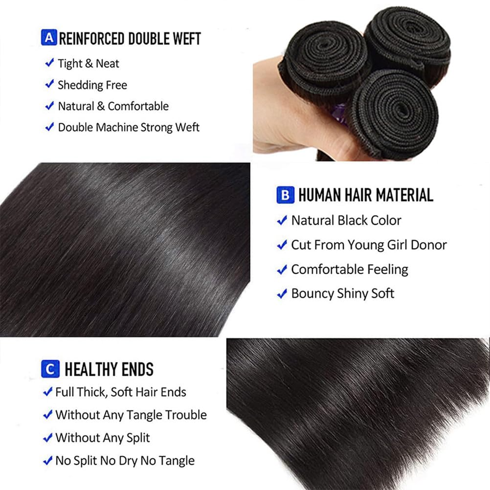 14A Rovess Straight Human Hair Bundles 100% Unprocessed  Virgin Hair 16-30 Inch Straight Bundles Human Hair Double Weft 3/4 Bundles Straight Weave Natural Black