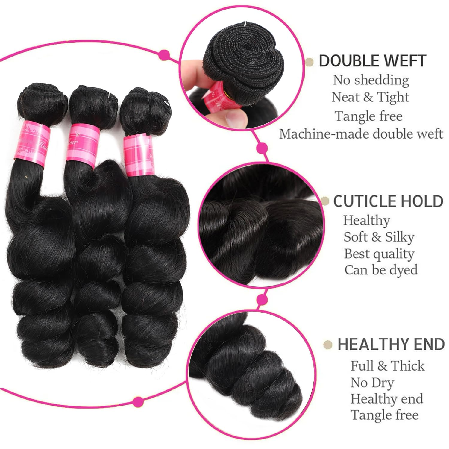 14A Rovess Human Hair Loose Wave Bundles 16-30 Inch Loose Deep Wave Human Hair 3 Bundles 100% Unprocessed Virgin Human Hair Extensions