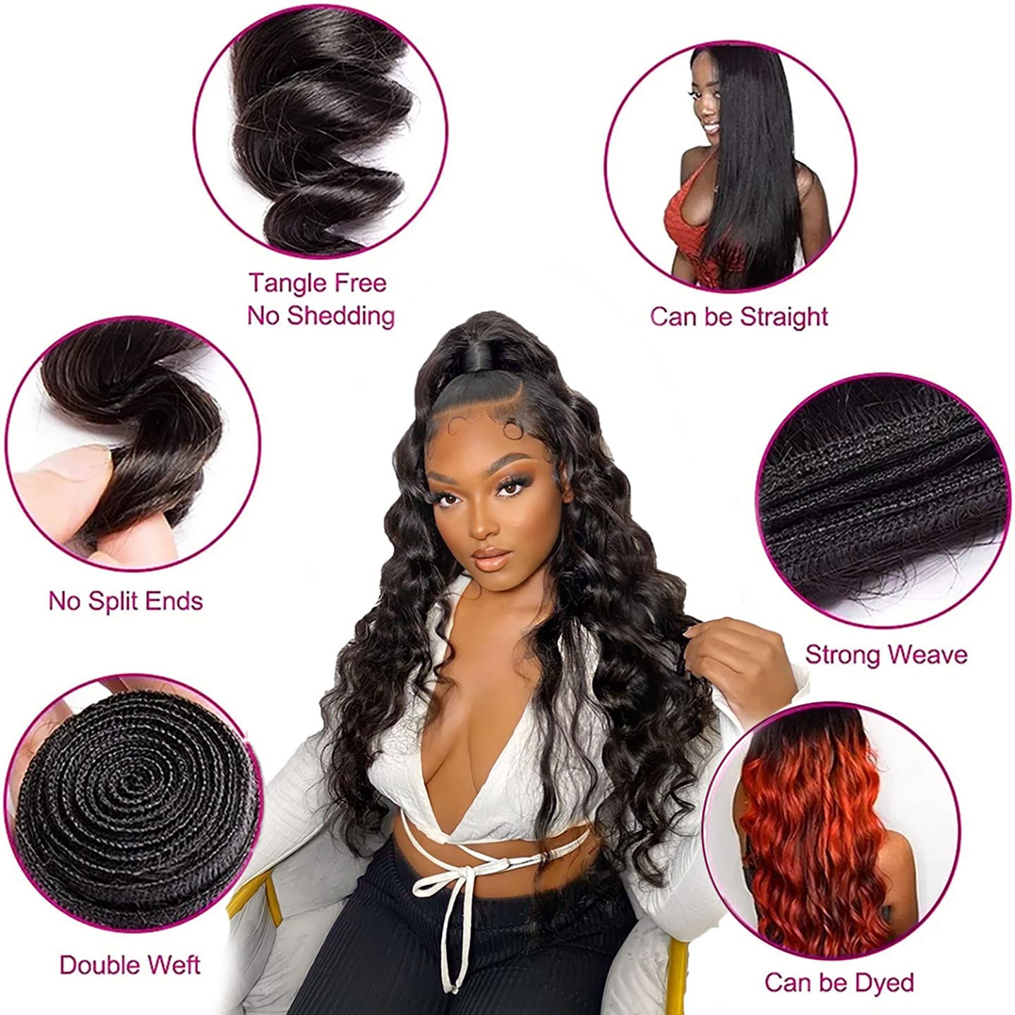 14A Rovess Human Hair Loose Wave Bundles 16-30 Inch Loose Deep Wave Human Hair 3 Bundles 100% Unprocessed Virgin Human Hair Extensions
