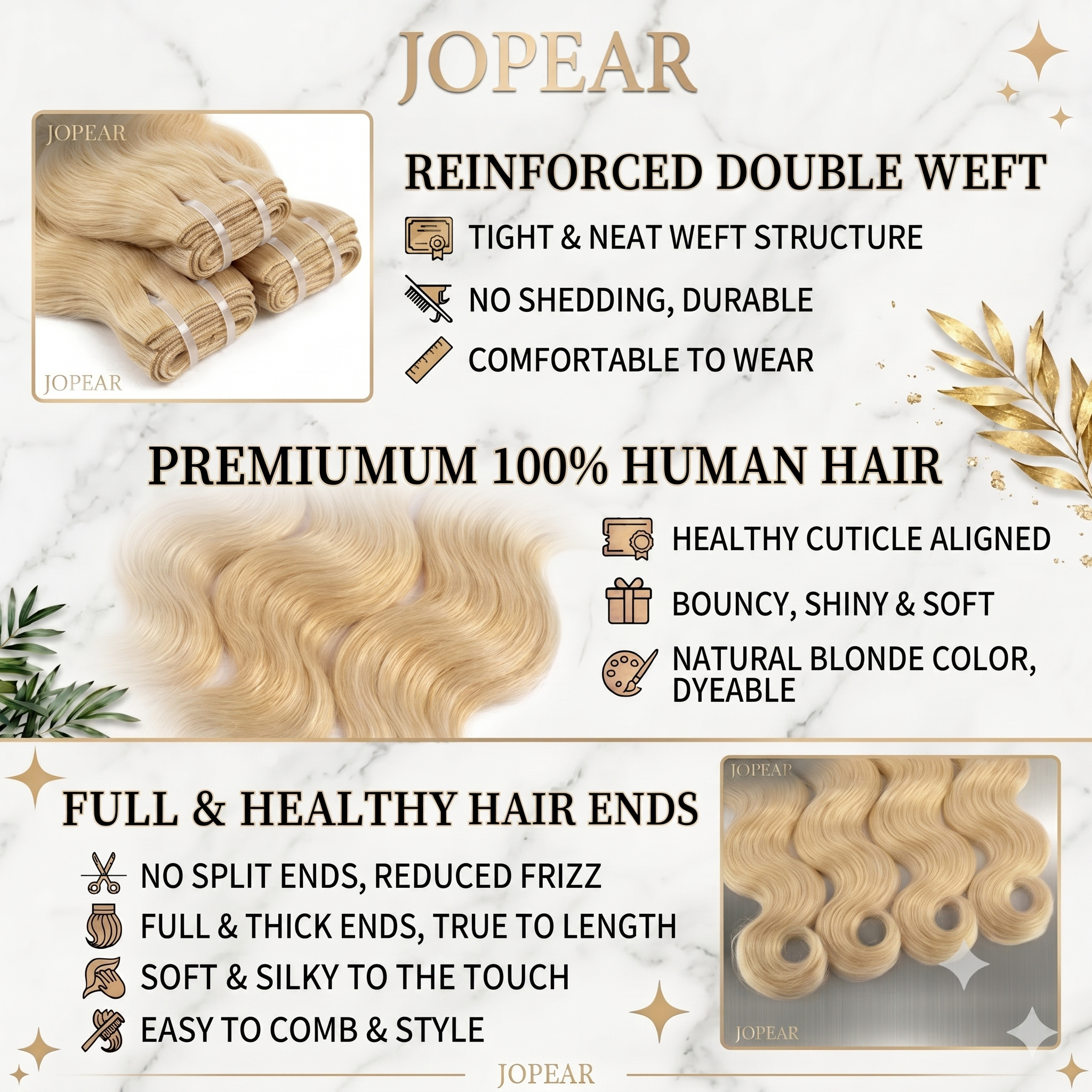 Jopear 10A | 613 Blonde Body Wave Bundles - Platinum Blonde 100% Human Hair Weave | Can be Dyed Again
