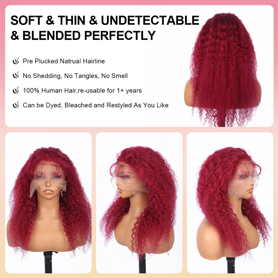 99j Burgundy Lace Front Wigs Human Hair Deep Wave 18-38 Inch 13x6 Lace Frontal Human Hair Wigs 99j Red Curly Wet And Wavy Wig﻿