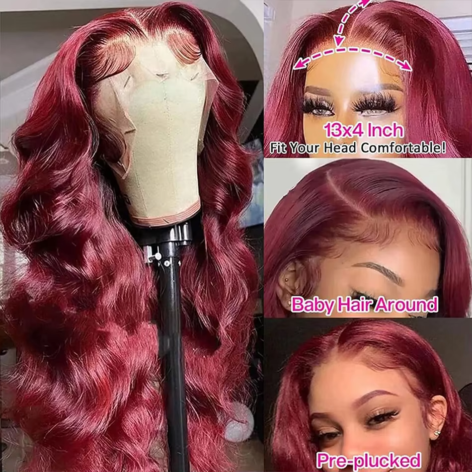 99j Burgundy Lace Front Human Hair Wig 18-38 Inch Lace Body Wave 13x6 HD Lace Frontal Wigs Human Hair For  Black Women