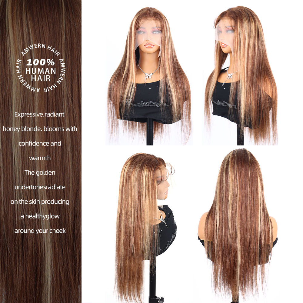 4/27 Ombre Highlight 13x6 Lace Front Wigs Human Hair 360 Straight Lace Frontal Wigs 18-38 Inch Human Hair Honey Blonde Wig For Women