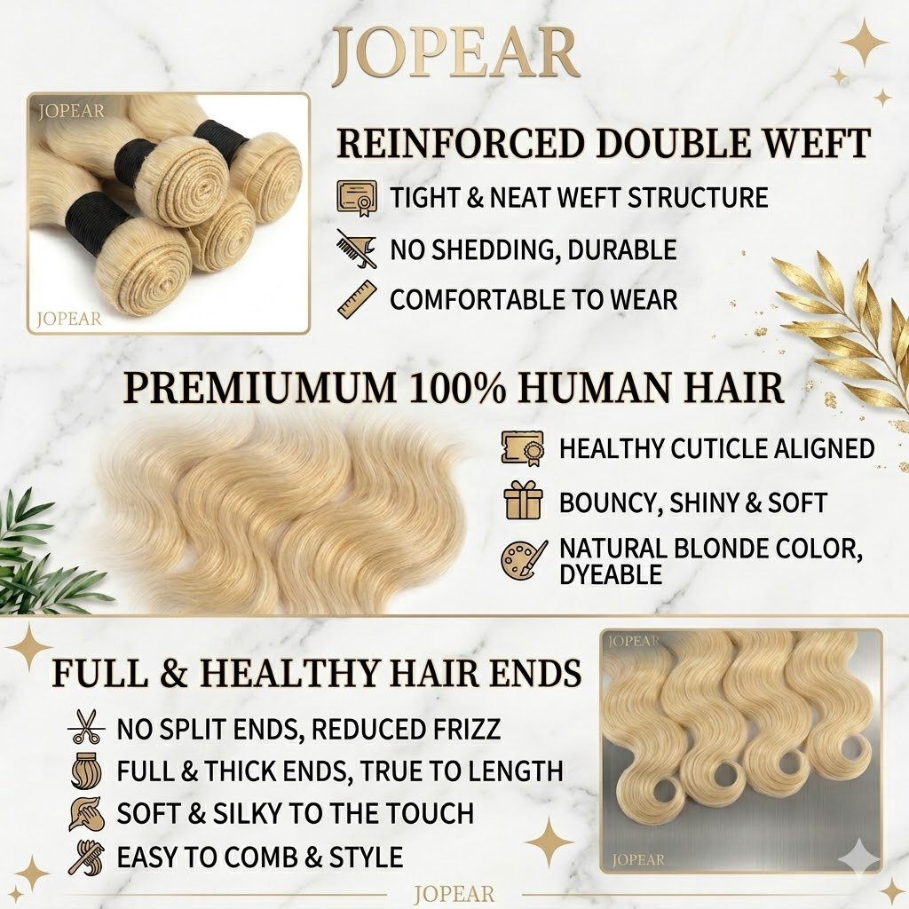 Jopear 10A | 613 Blonde Body Wave Bundles - Platinum Blonde 100% Human Hair Weave | Can be Dyed Again