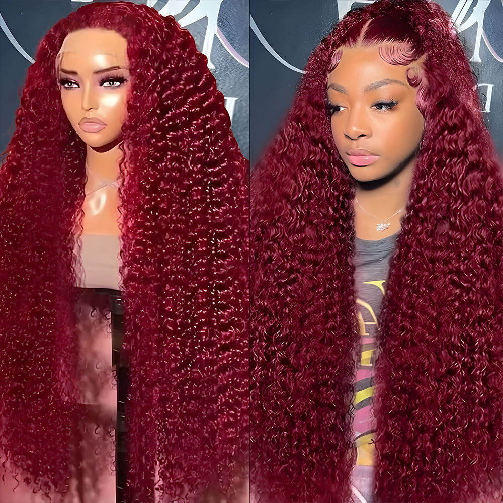 99j Burgundy Lace Front Wigs Human Hair Deep Wave 18-38 Inch 13x6 Lace Frontal Human Hair Wigs 99j Red Curly Wet And Wavy Wig﻿