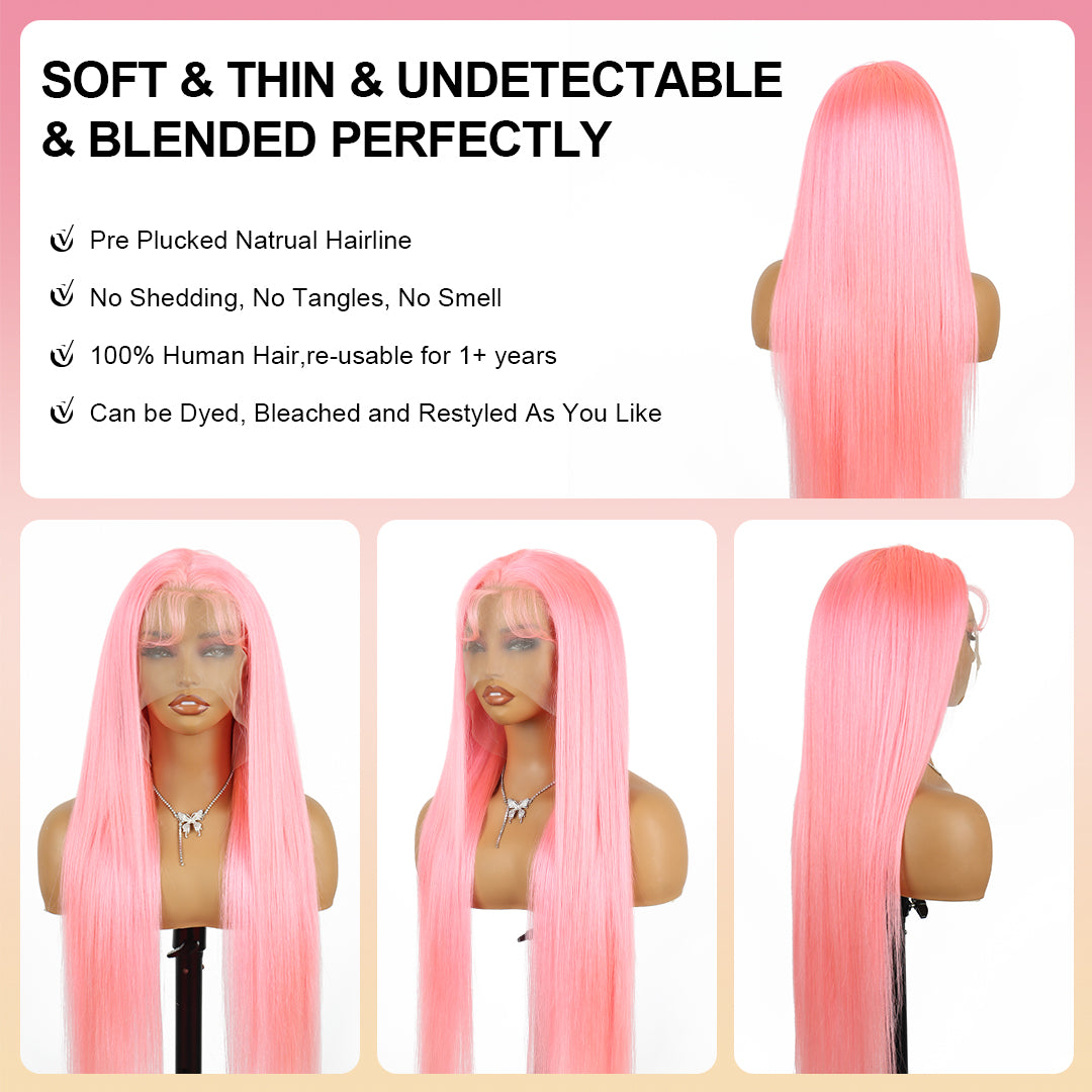 Pink Straight Human Hair Wig 13x4 Lace Front Wig 22-40 Inch Human Hair Lace Frontal Wig Human Hair
