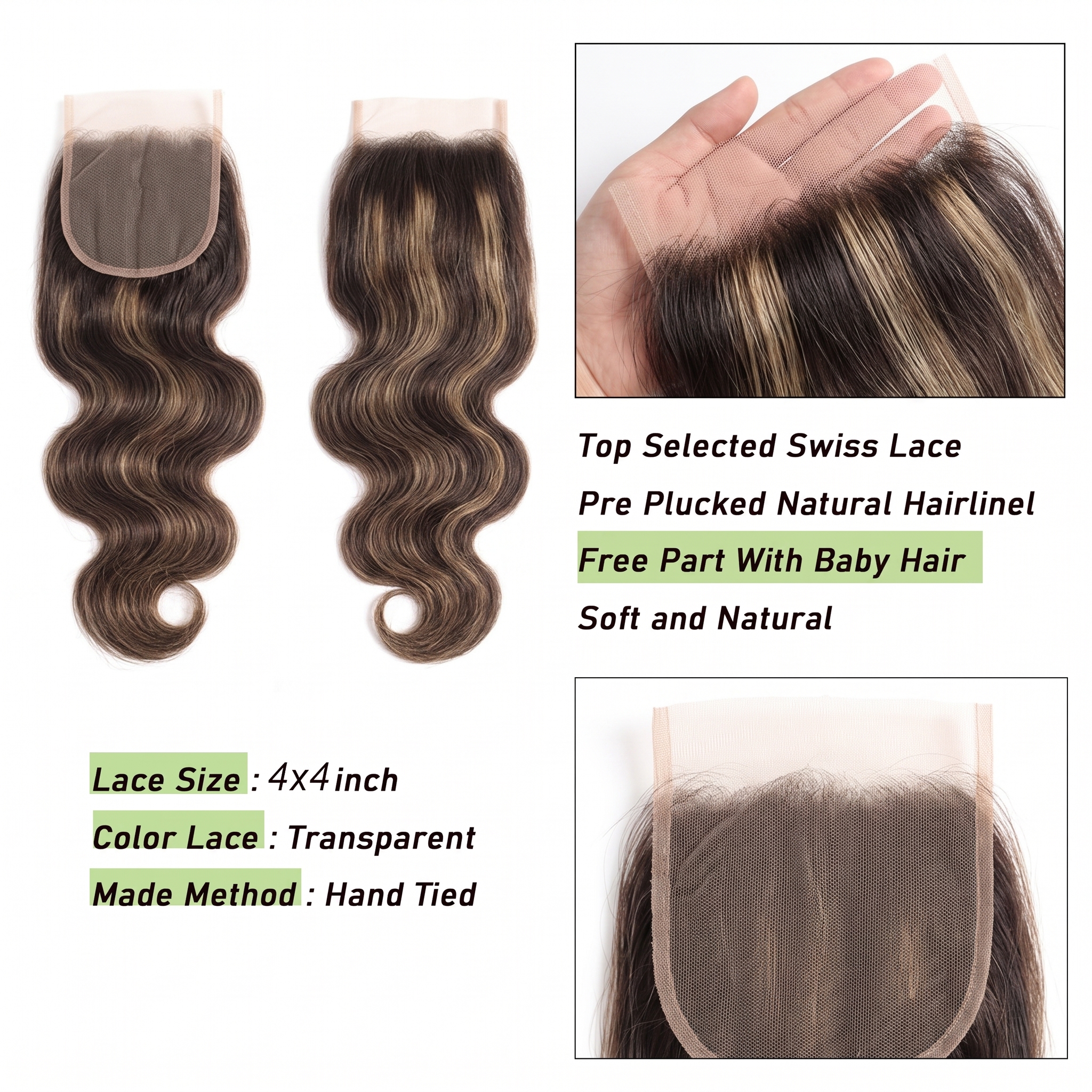 JOPEAR Body Wave Human Hair Lace Closure 14" - Piano Highlight (#4/27)