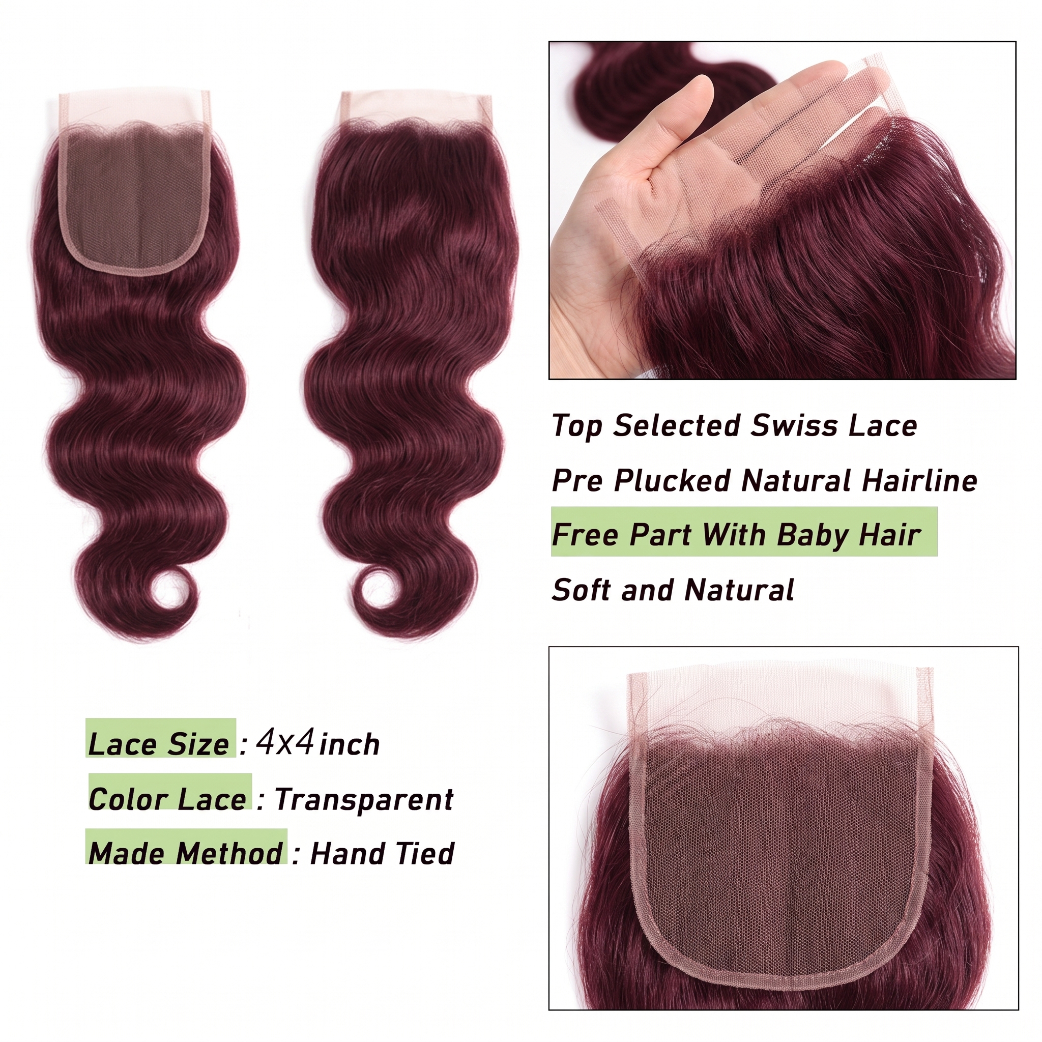 JOPEAR Body Wave Human Hair Lace Closure 14" - Burgundy (#99J)