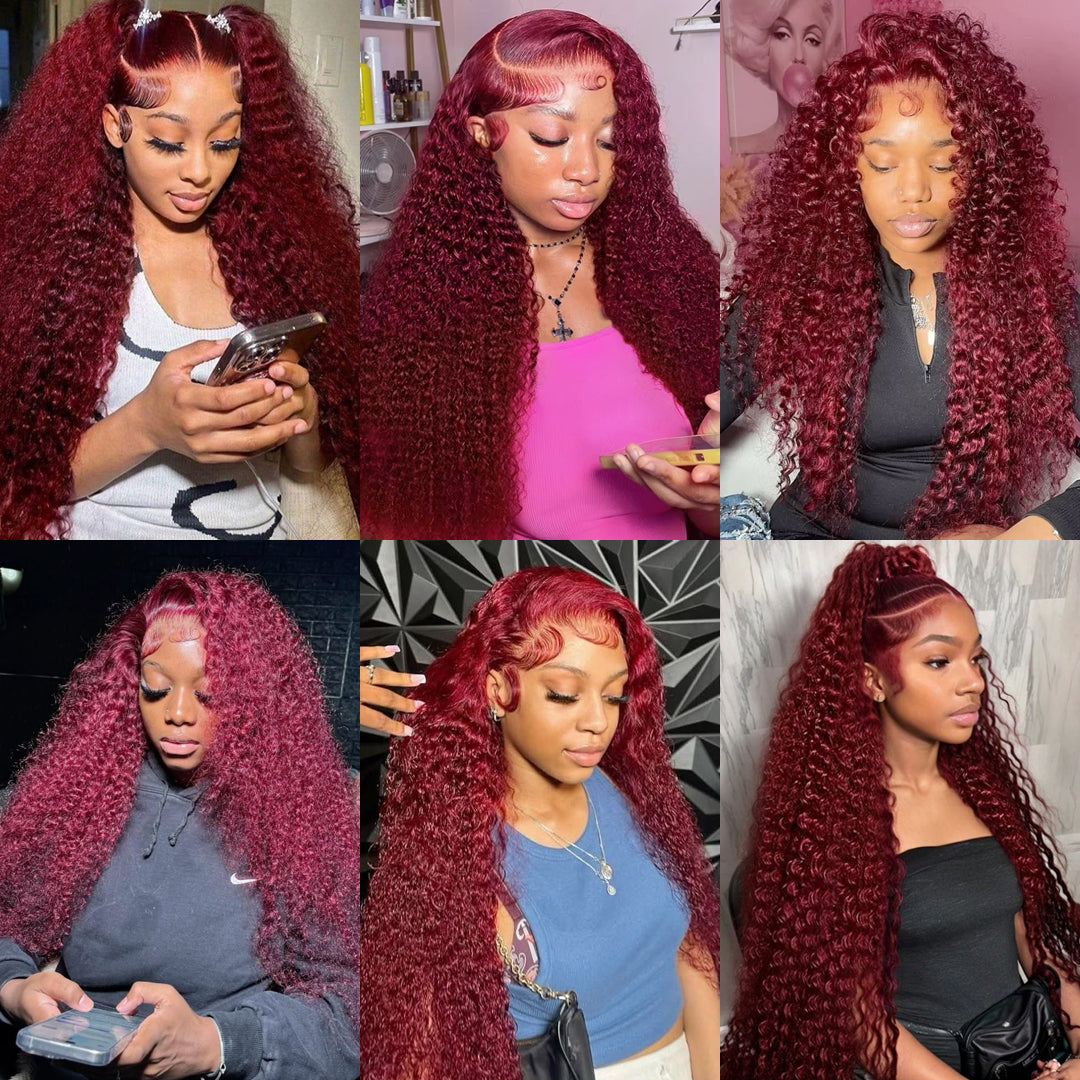 99j Burgundy Lace Front Wigs Human Hair Deep Wave 18-38 Inch 13x6 Lace Frontal Human Hair Wigs 99j Red Curly Wet And Wavy Wig﻿