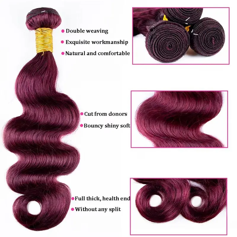 99J Burgundy Body Wave Bundles - 4/5 Bundles, 100% Real Human Hair, Deep Purple-Red Hue, Comes with 3 Free Gifts