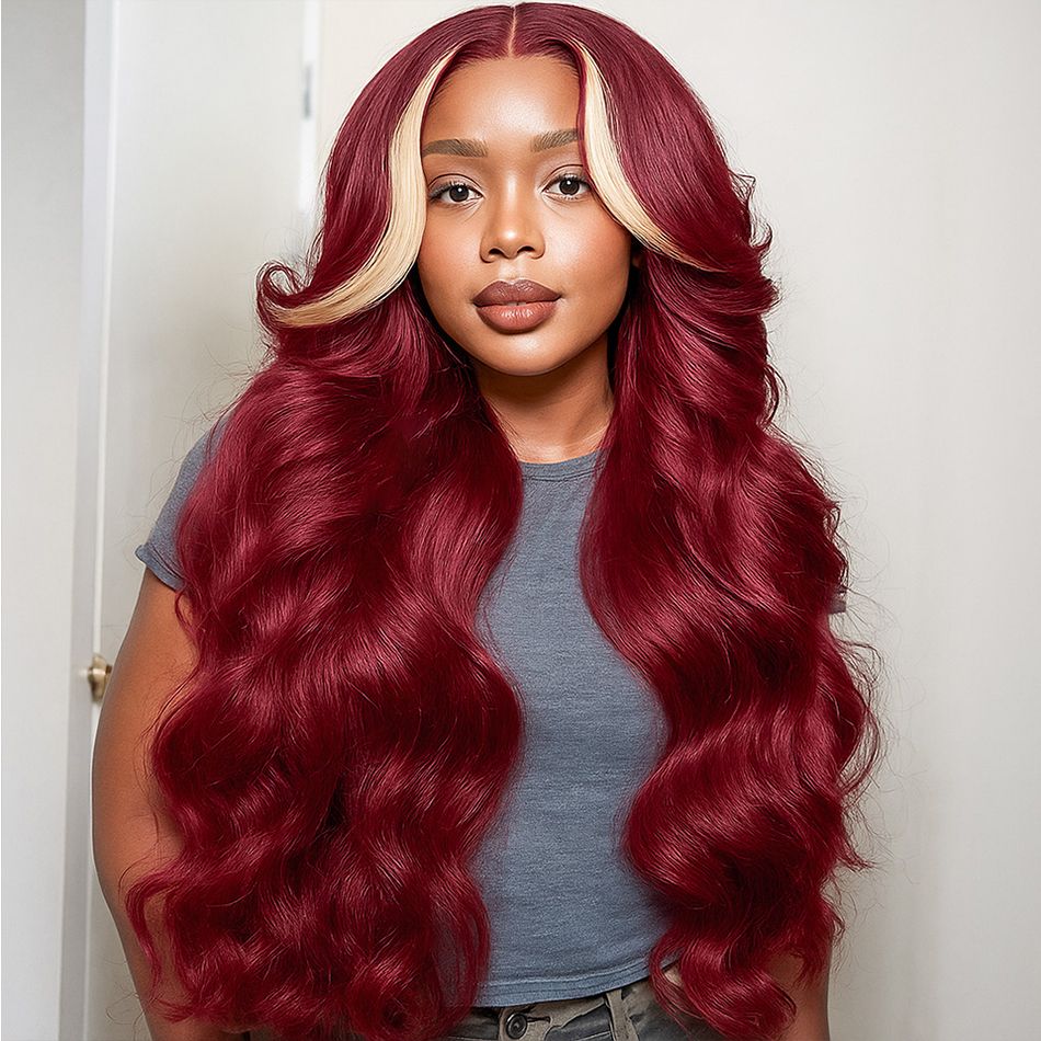  99J Burgundy Body Wave 3 Bundles with with 613 Honey Blond 4x4 HD Lace Closure Hair Extensation