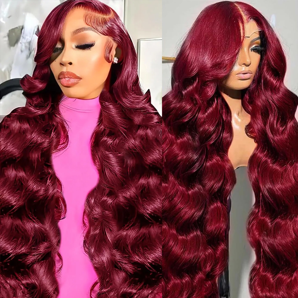 99j Burgundy Lace Front Human Hair Wig 18-38 Inch Lace Body Wave 13x6 HD Lace Frontal Wigs Human Hair For  Black Women