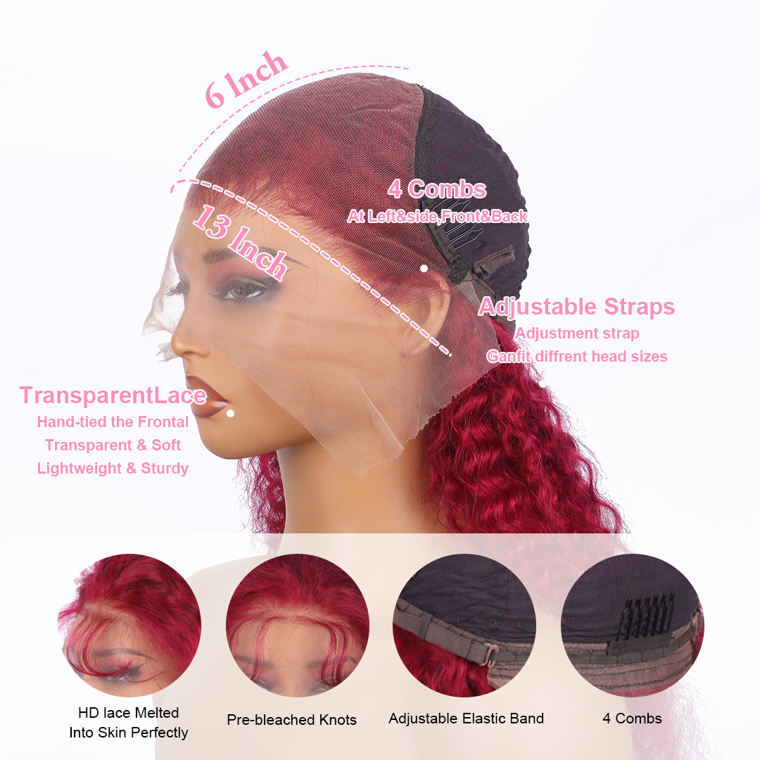 99j Burgundy Lace Front Wigs Human Hair Deep Wave 18-38 Inch 13x6 Lace Frontal Human Hair Wigs 99j Red Curly Wet And Wavy Wig﻿