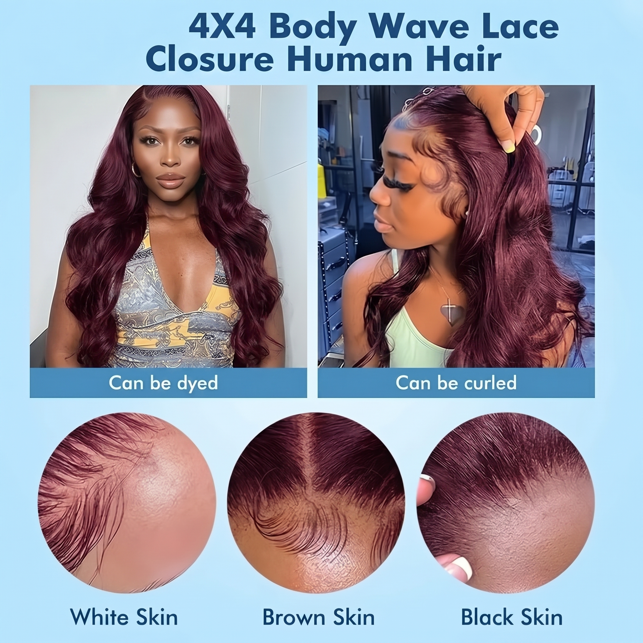 JOPEAR Body Wave Human Hair Lace Closure 14" - Burgundy (#99J)
