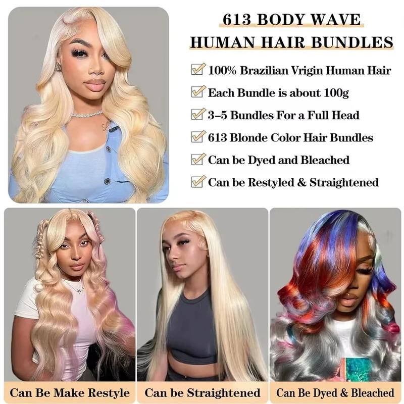 613 Blonde Body Wave Bundles - 4/5 Bundles, 100% Real Human Hair, Stunning Blonde Shine, Comes with 3 Free Gifts