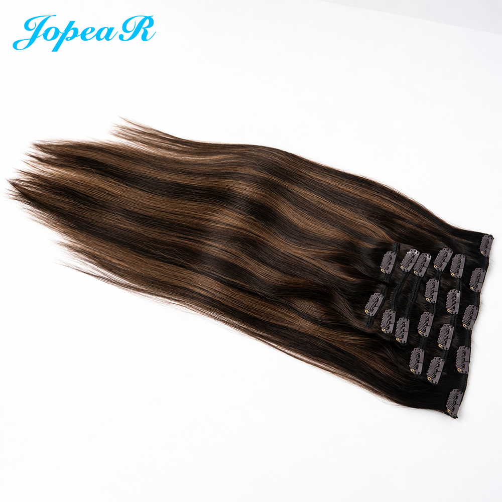 JOPEAR Straight Raw Human Hair Clip-In Extensions – Chocolate Brown to Honey Blonde Highlights (T2/6/P2)