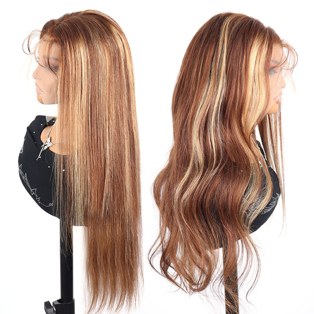 4/27 Ombre Highlight 13x6 Lace Front Wigs Human Hair 360 Straight Lace Frontal Wigs 18-38 Inch Human Hair Honey Blonde Wig For Women