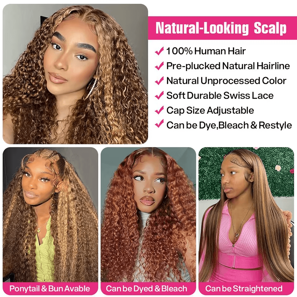 4/27 Highlight Ombre Curly Wigs 100% Brazilian Human Hair 13x6 Hd Lace Frontal Wig Honey Blonde 360 Deep Wave Human Hair For Women