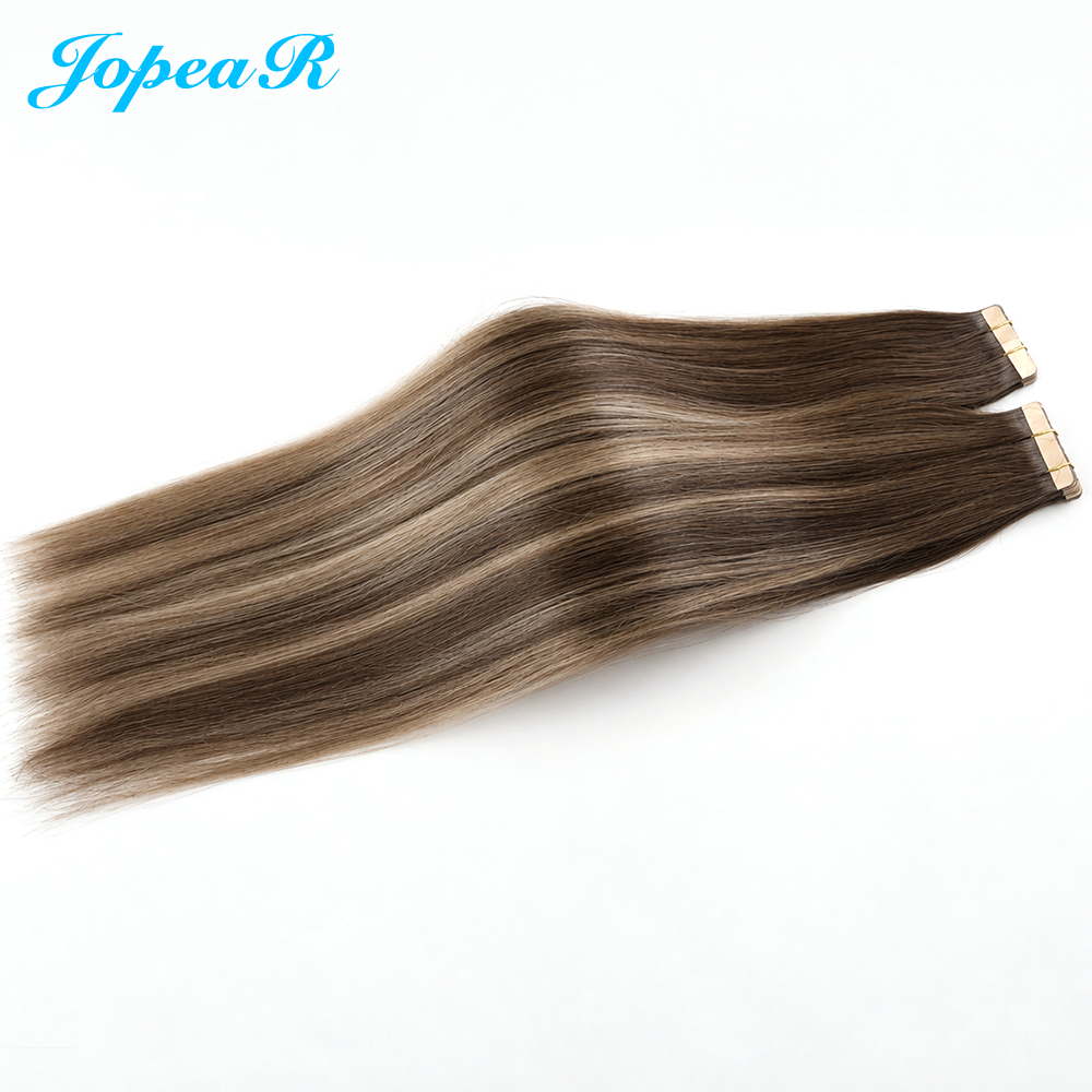 JOPEAR Straight Seamless PU Tape-In Extensions – Chocolate & Honey Blonde Highlights (T4/27/P4)