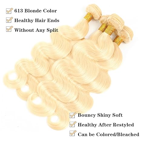 613 Blonde Body Wave Bundles - 4/5 Bundles, 100% Real Human Hair, Stunning Blonde Shine, Comes with 3 Free Gifts