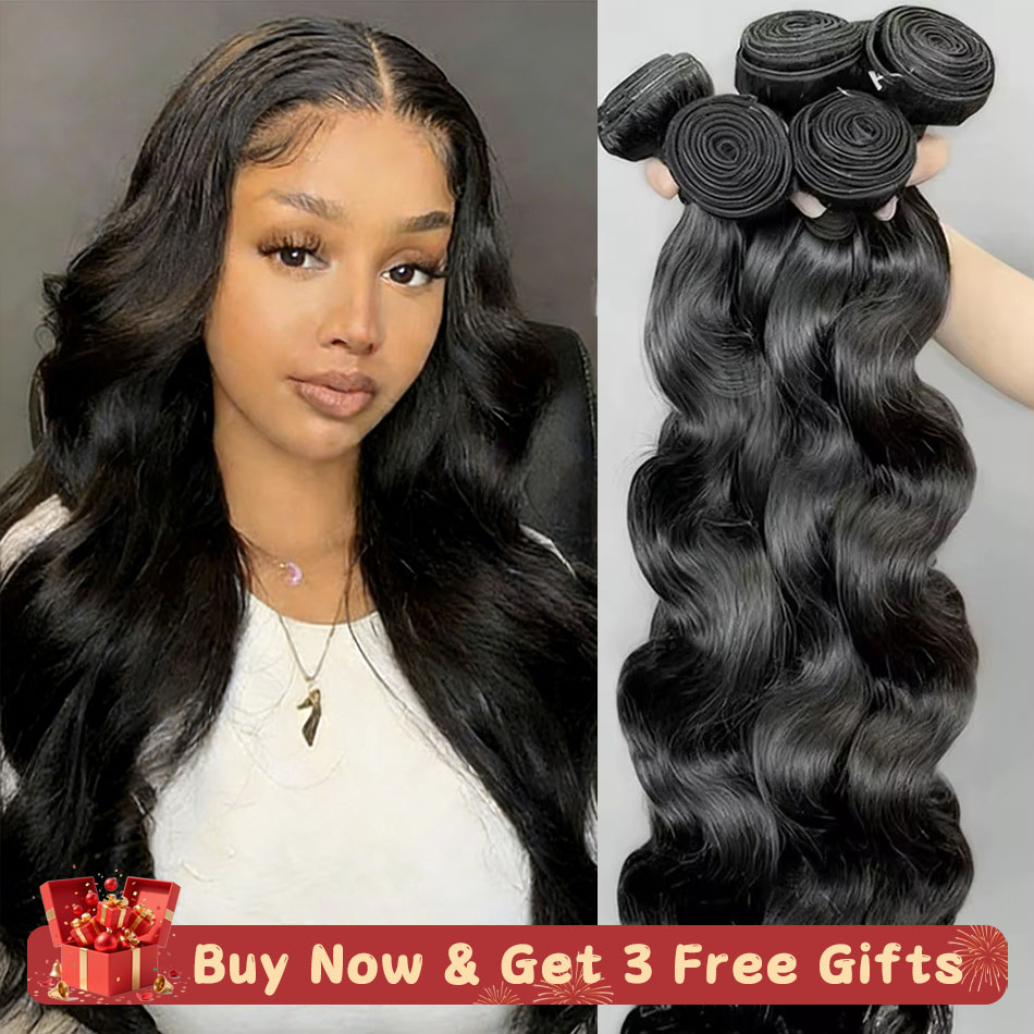 100% Virgin Human Hair Body Wave Bundles - 4/5 Bundles, Soft & Shiny, Natural Look, Comes with 3 Free Gifts