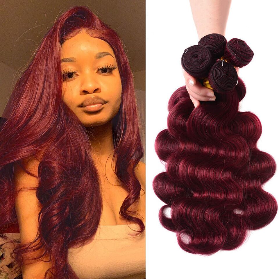 99J Burgundy Body Wave Bundles - 4/5 Bundles, 100% Real Human Hair, Deep Purple-Red Hue, Comes with 3 Free Gifts