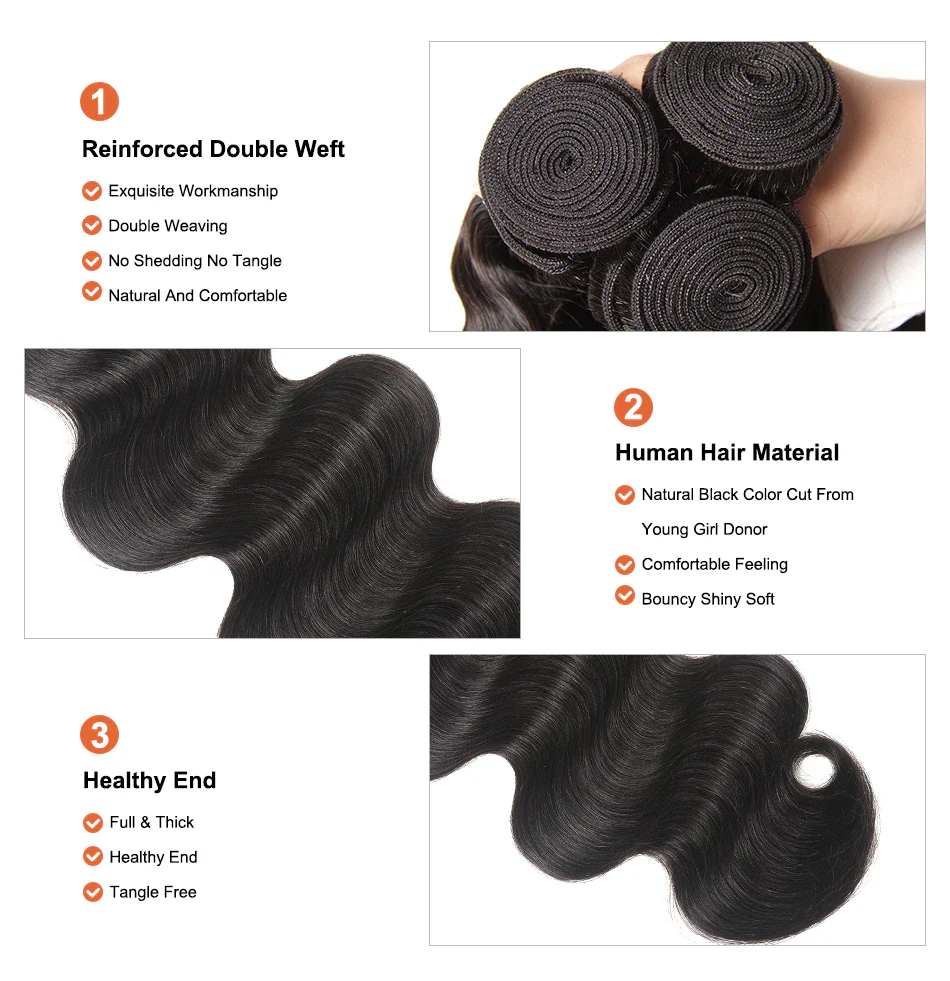 100% Virgin Human Hair Body Wave Bundles - 4/5 Bundles, Soft & Shiny, Natural Look, Comes with 3 Free Gifts