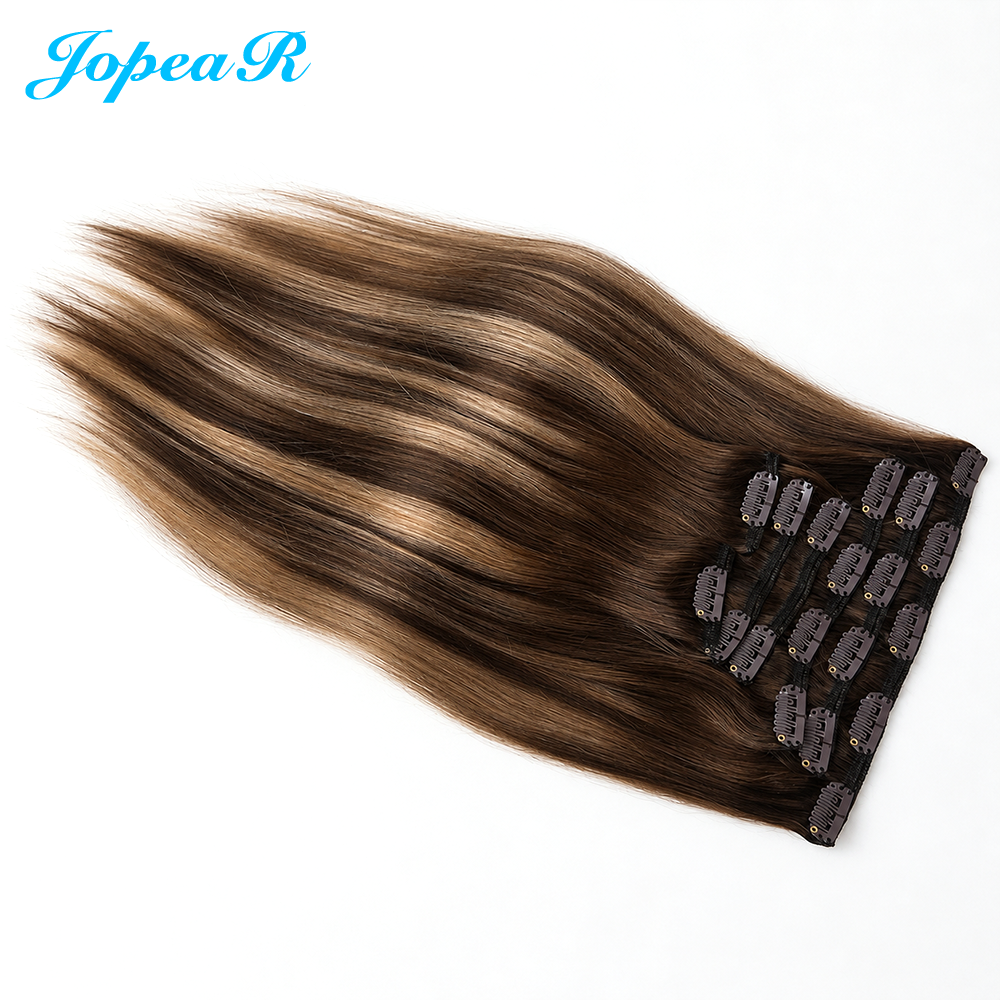 JOPEAR Straight Raw Human Hair Clip-In Extensions – Dark & Chestnut Brown Mix (T4/27/P4)