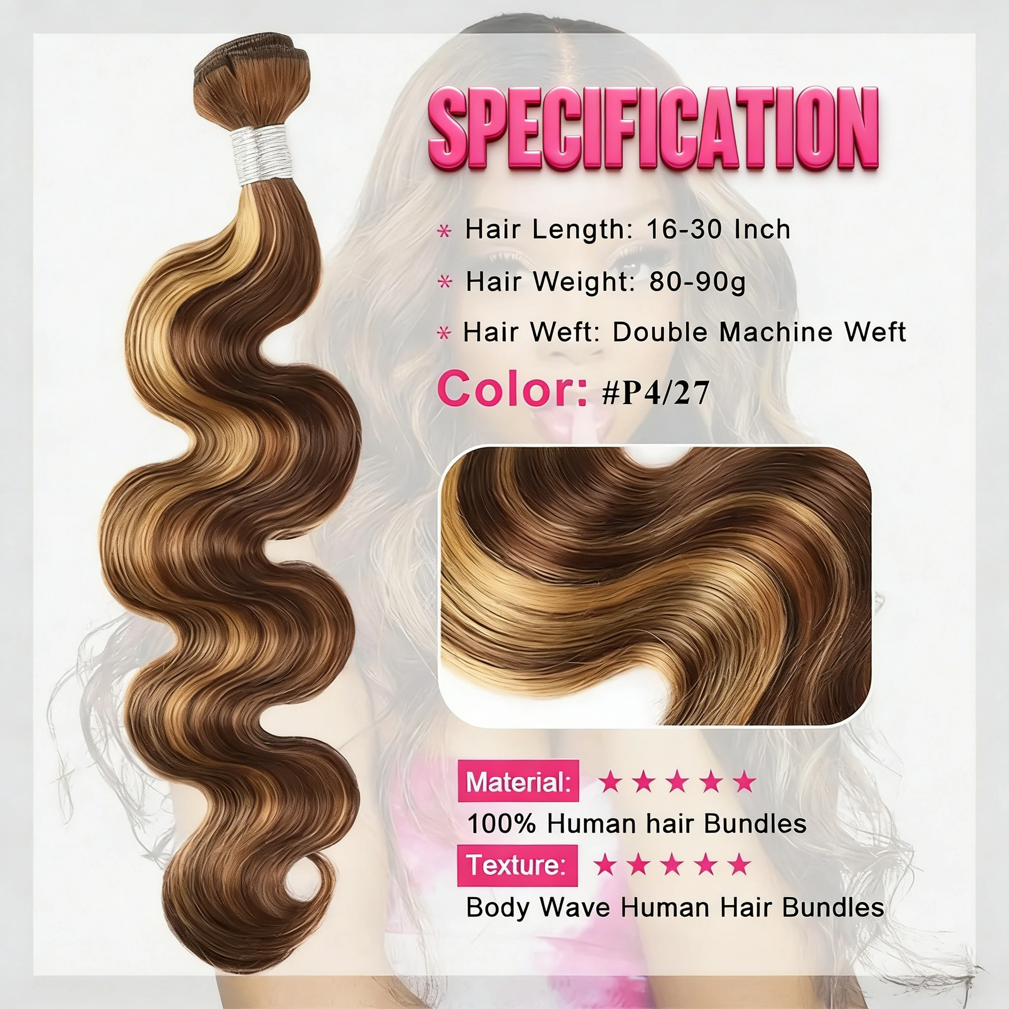 14A Luckockos Human Hair Bundles Body Wave P4/27 Honey Blonde Bundles Highlight Brown Colored 3/4 Bundles 16-30 Inches