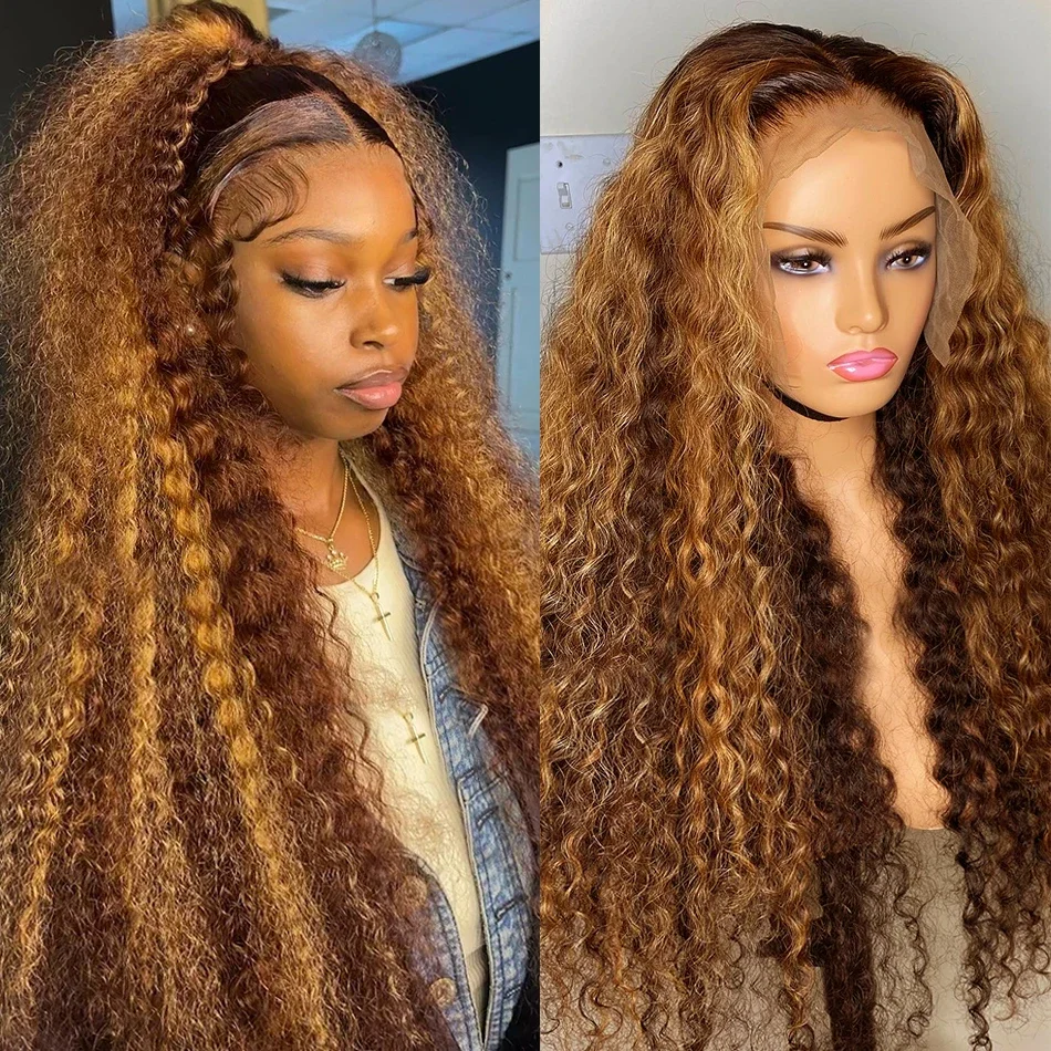 4/27 Highlight Ombre Curly Wigs 100% Brazilian Human Hair 13x6 Hd Lace Frontal Wig Honey Blonde 360 Deep Wave Human Hair For Women