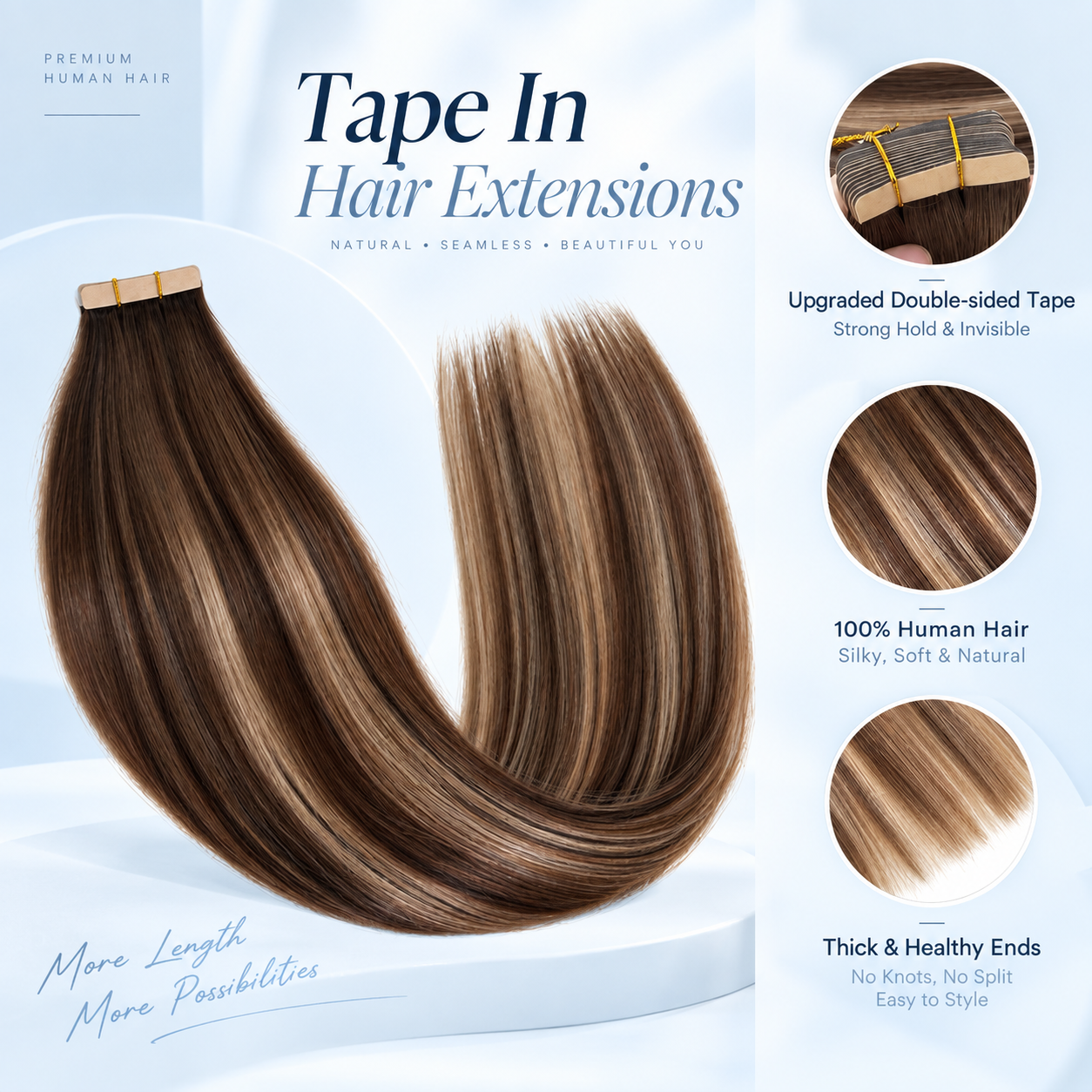 JOPEAR Straight Seamless PU Tape-In Extensions – Chocolate & Honey Blonde Highlights (T4/27/P4)