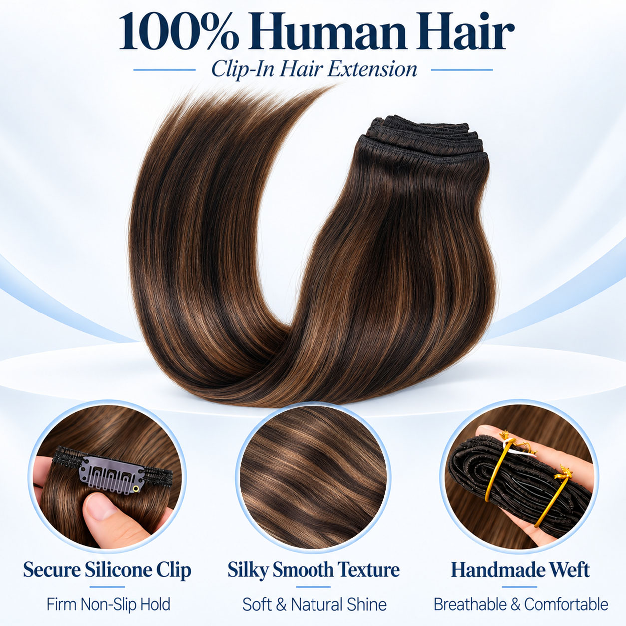 JOPEAR Straight Raw Human Hair Clip-In Extensions – Chocolate Brown to Honey Blonde Highlights (T2/6/P2)