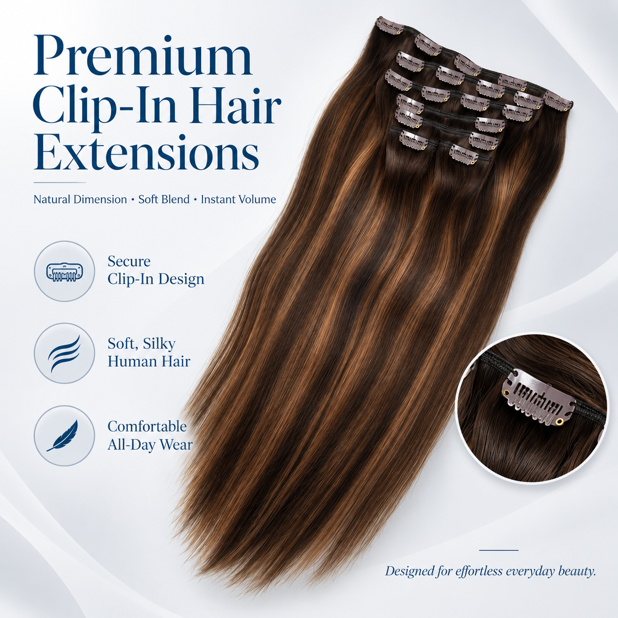 JOPEAR Straight Raw Human Hair Clip-In Extensions – Chocolate Brown to Honey Blonde Highlights (T2/6/P2)
