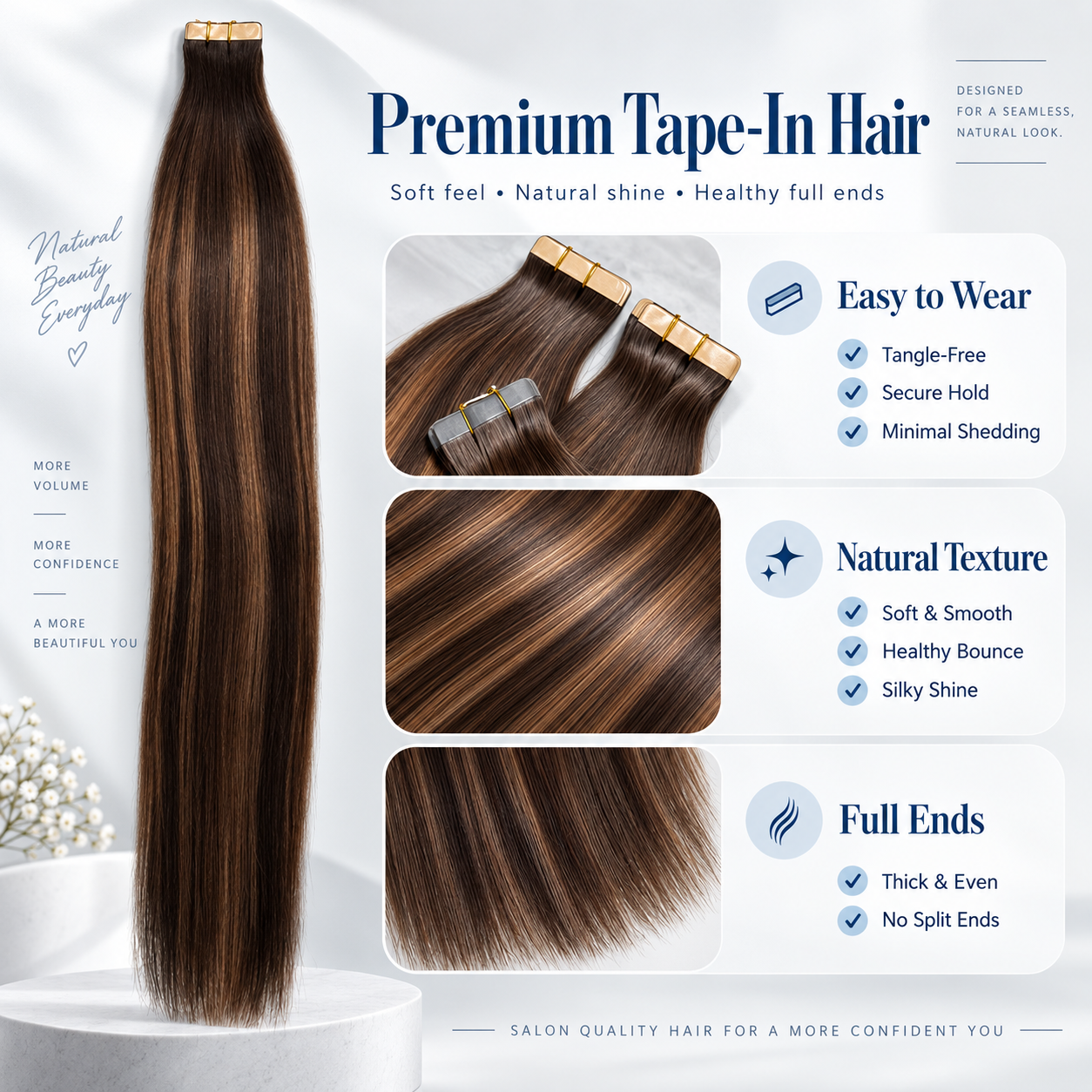 JOPEAR Straight Seamless PU Tape-In Extensions – Dark & Chestnut Brown Mix (T2/6/P2)