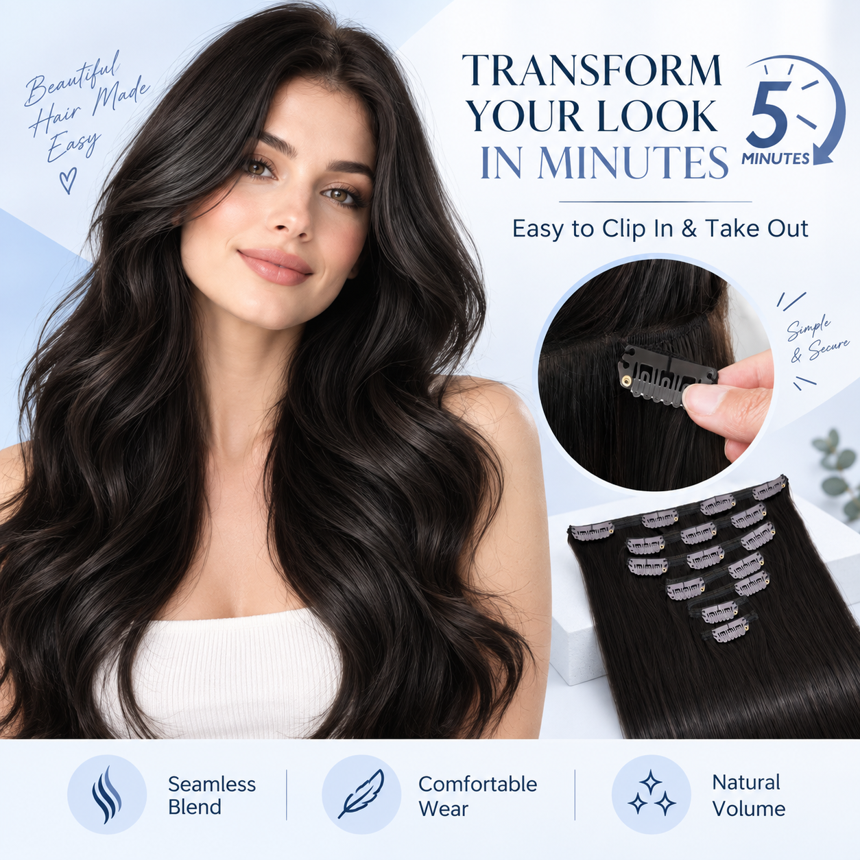 JOPEAR Straight Raw Human Hair Clip-In Extensions – Natural Black (#1B)
