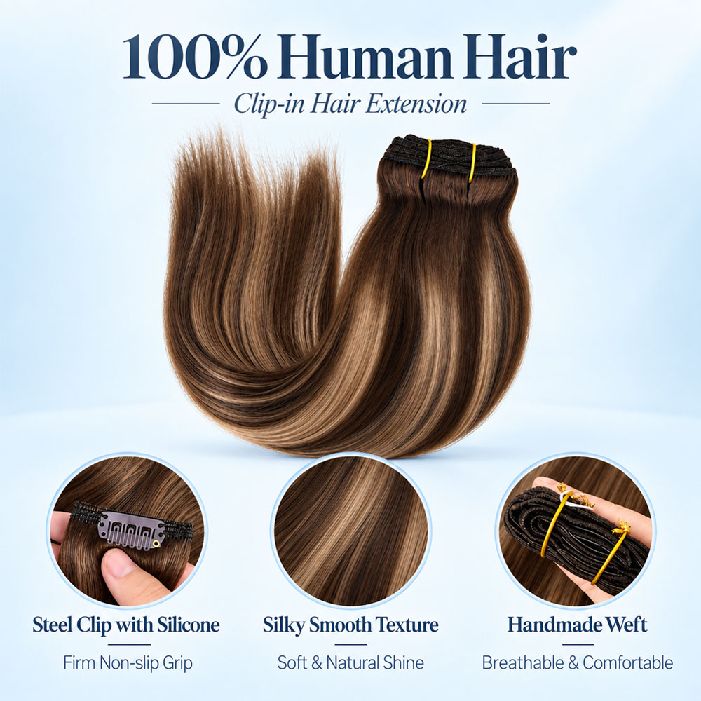 JOPEAR Straight Raw Human Hair Clip-In Extensions – Dark & Chestnut Brown Mix (T4/27/P4)