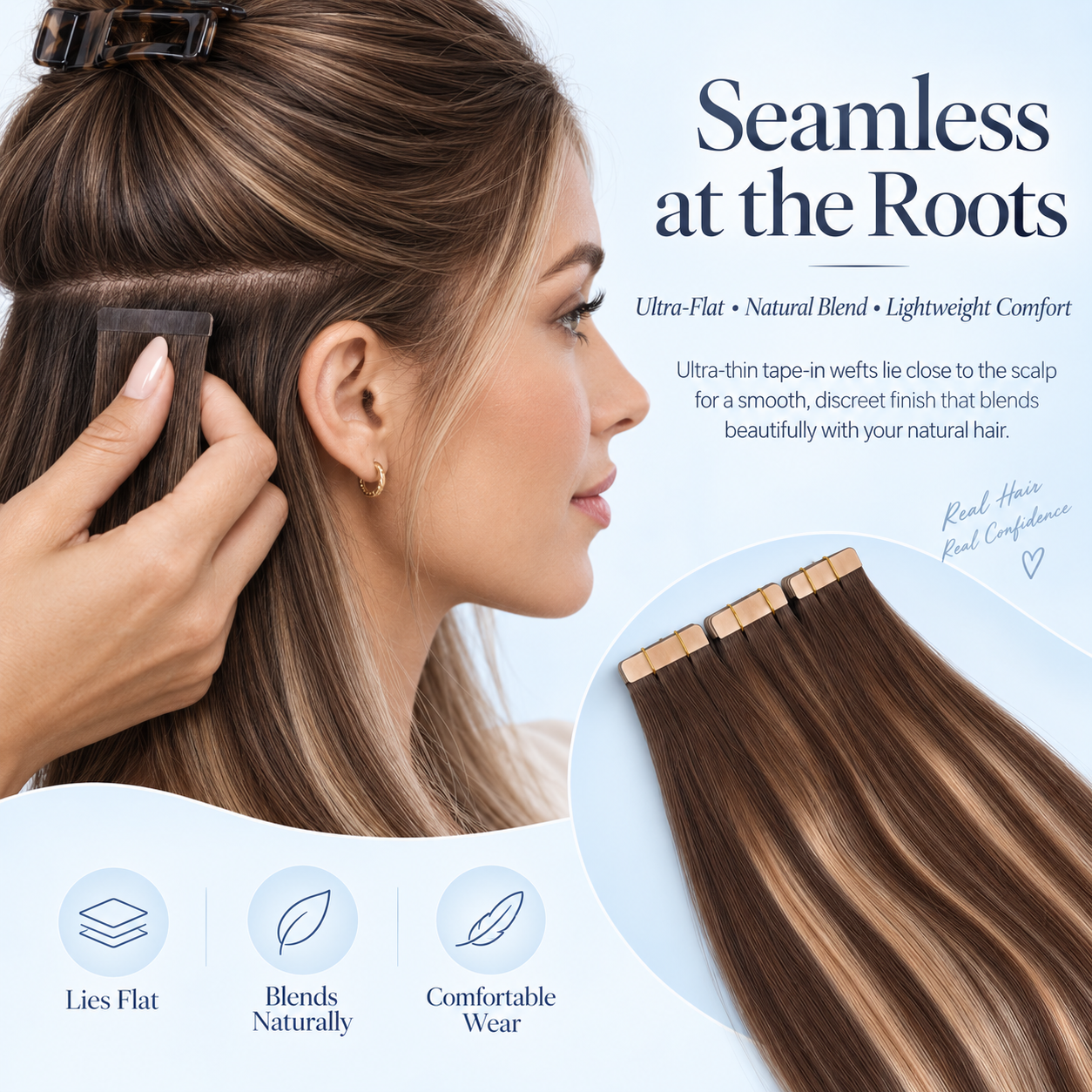 JOPEAR Straight Seamless PU Tape-In Extensions – Chocolate & Honey Blonde Highlights (T4/27/P4)