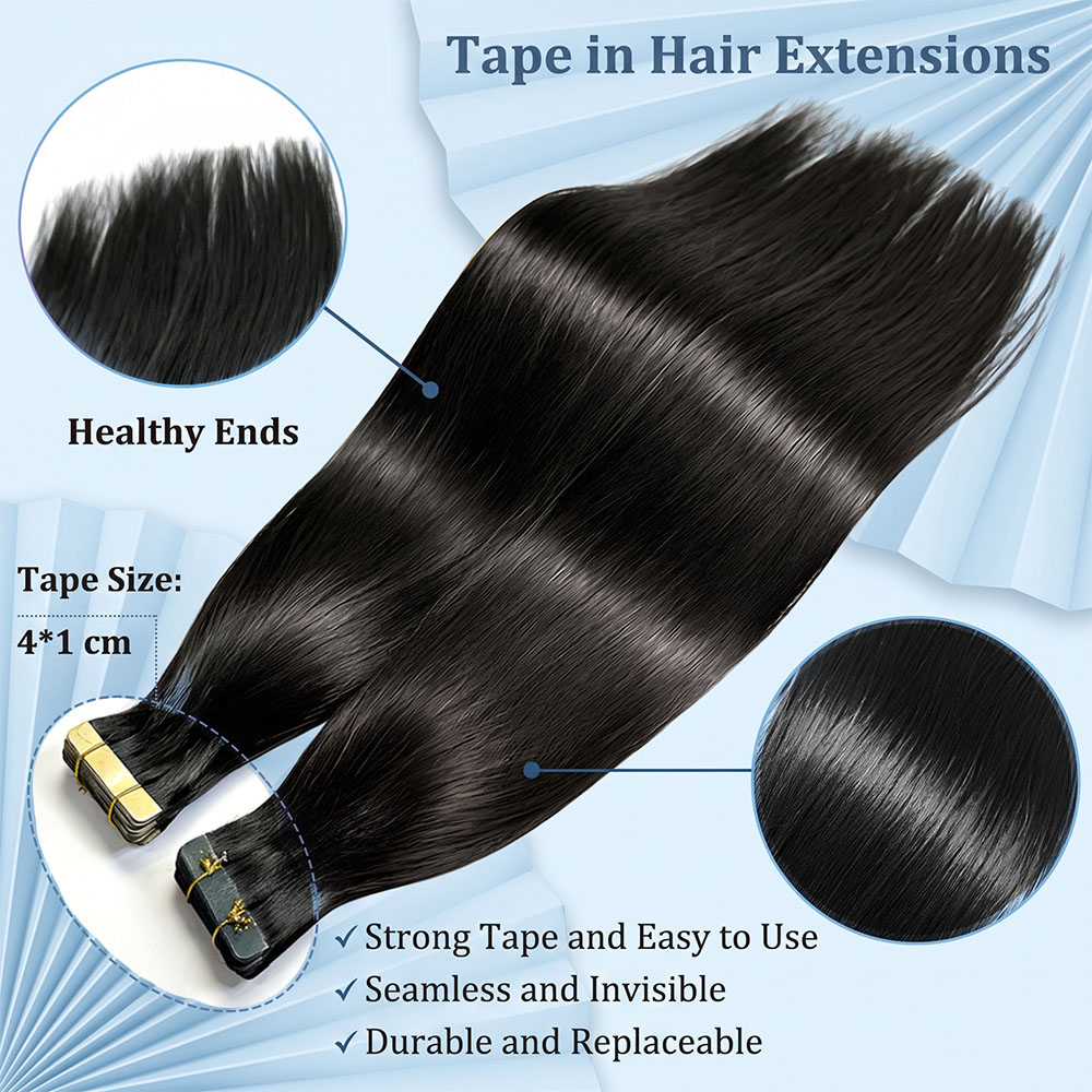 JOPEAR Seamless PU Tape-In Hair Extensions - Natural Black
