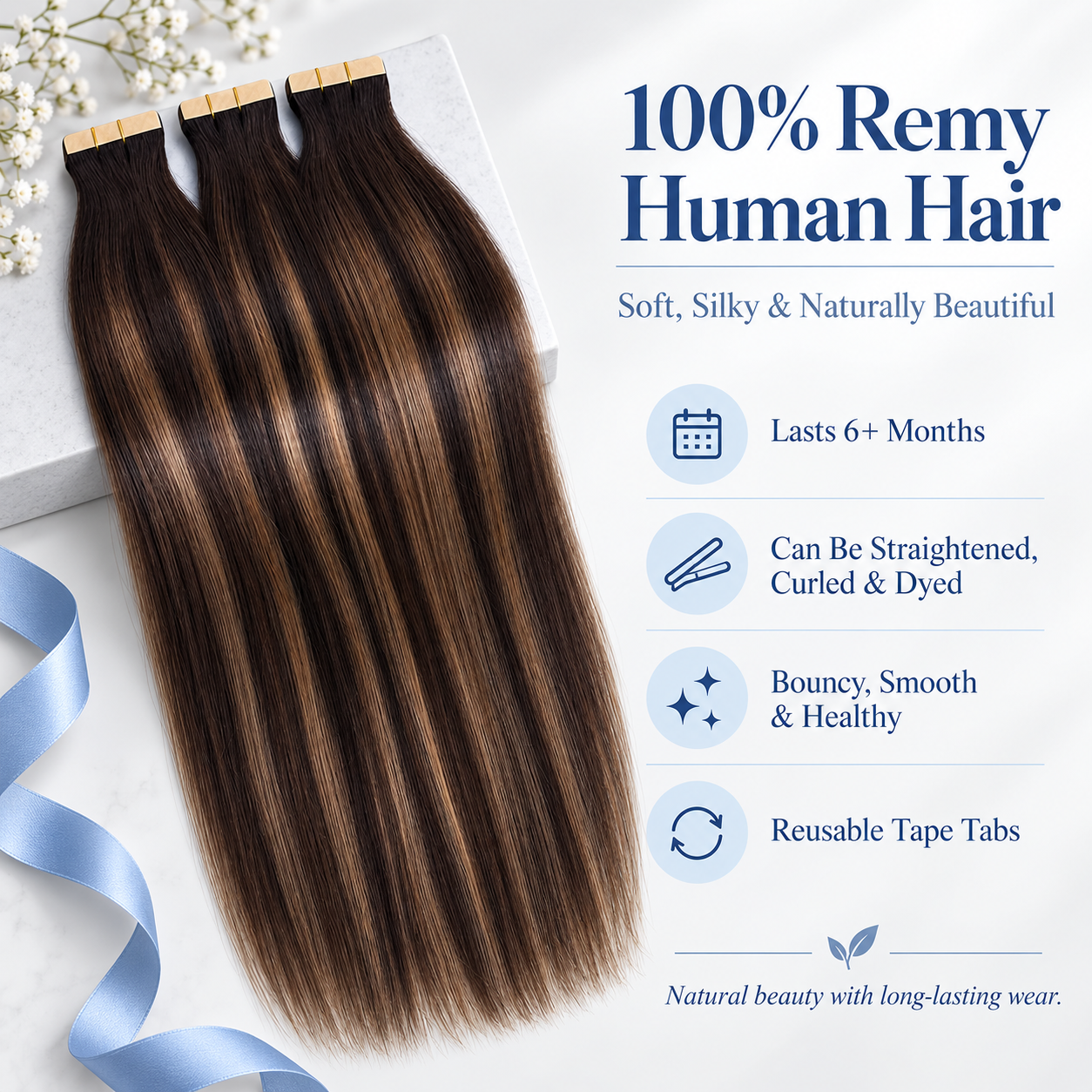 JOPEAR Straight Seamless PU Tape-In Extensions – Dark & Chestnut Brown Mix (T2/6/P2)