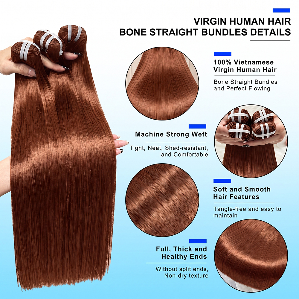 JOPEAR Raw Vietnamese Bone Straight Hair Bundles - Copper Red