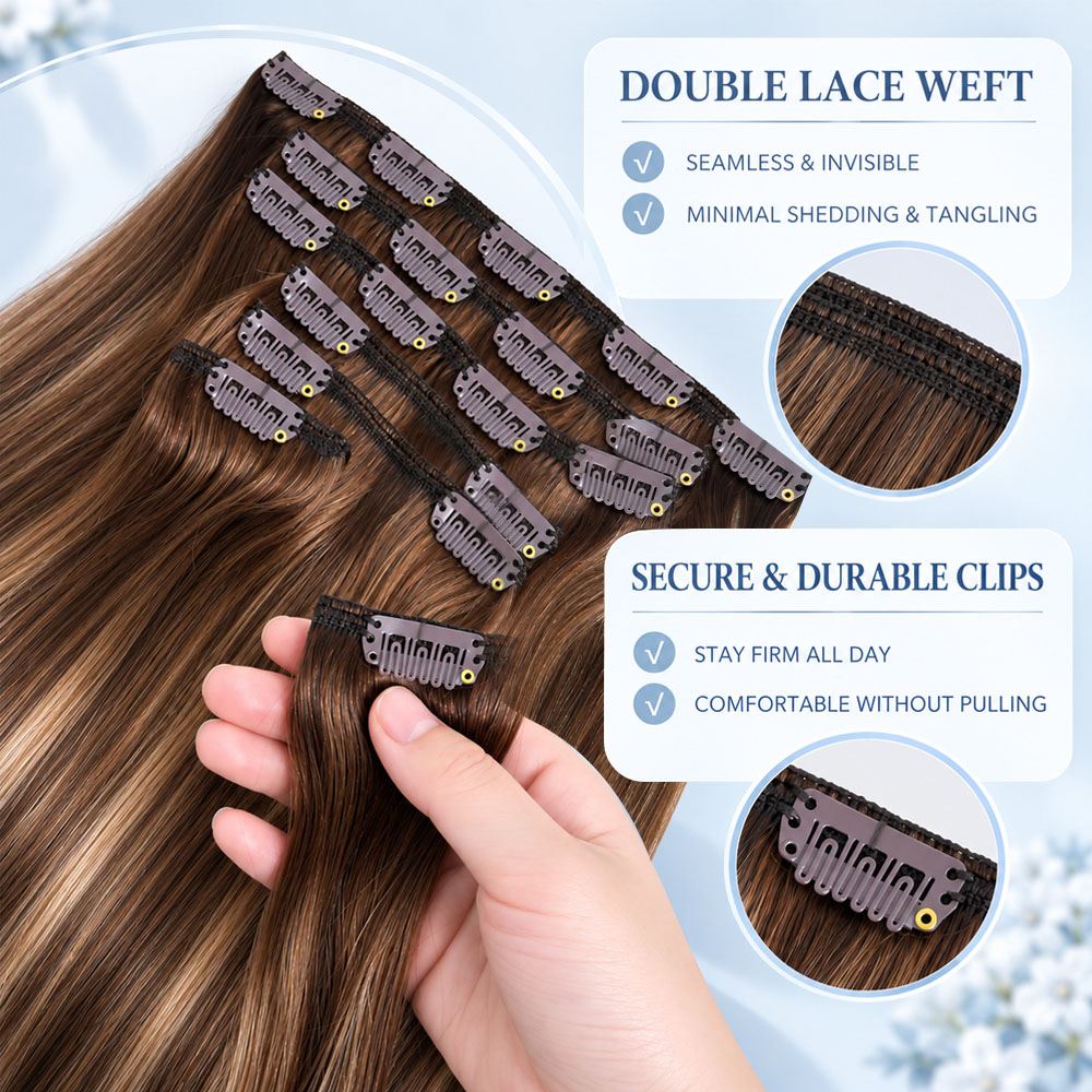 JOPEAR Straight Raw Human Hair Clip-In Extensions – Dark & Chestnut Brown Mix (T4/27/P4)