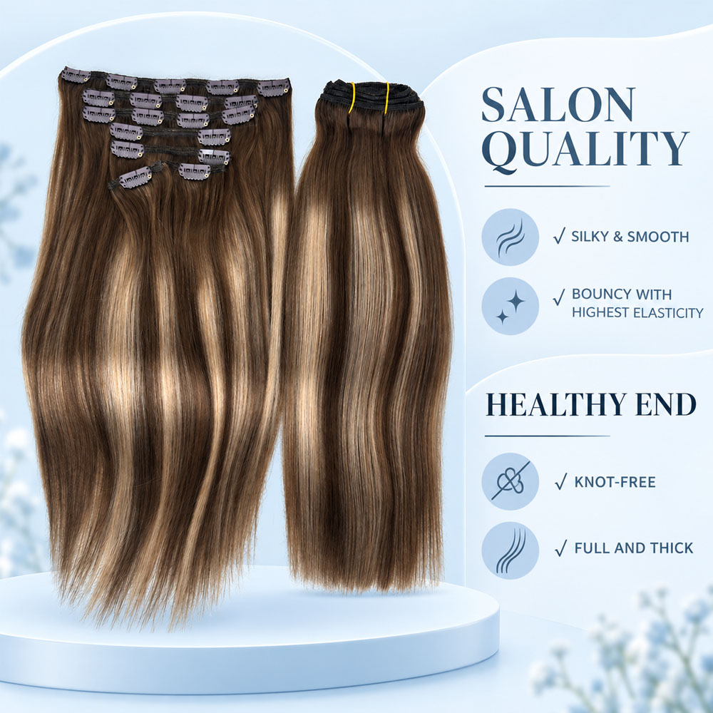 JOPEAR Straight Raw Human Hair Clip-In Extensions – Dark & Chestnut Brown Mix (T4/27/P4)